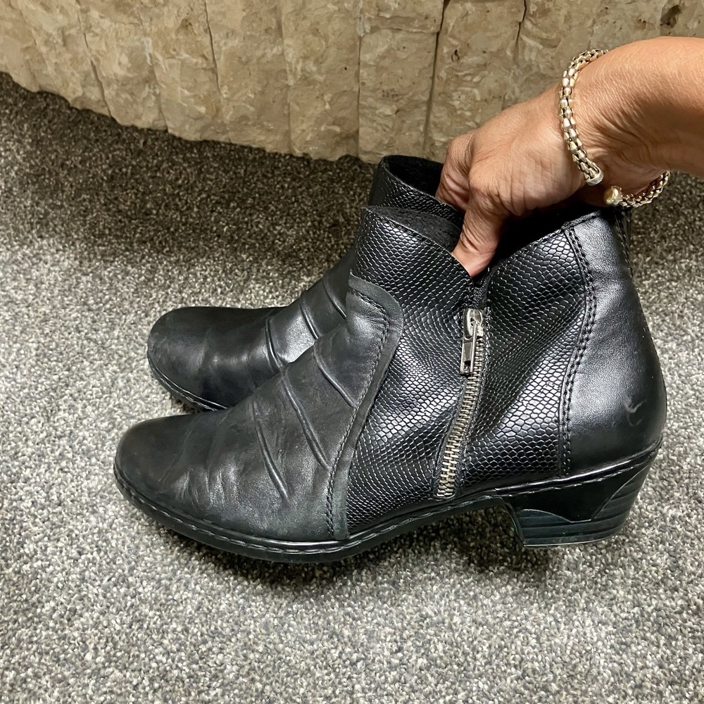 Riekers Women's Black Leather Zip On Ankle Boots Bootie Size US 8.5 40 Low Heel